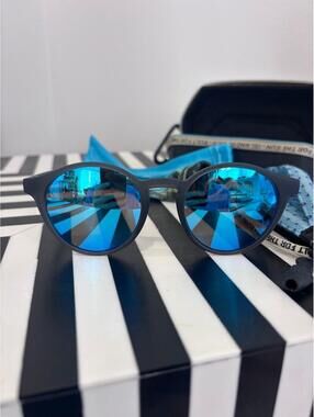 Island Optics Blue Mirror Sunglasses Matte Black Round 49-21-142 w/ Case Strap